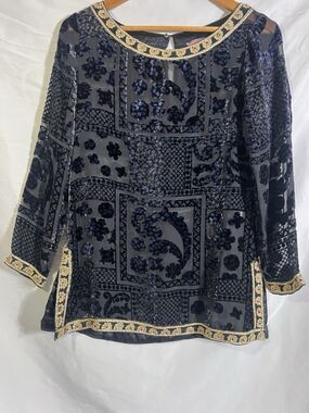 Calypso St Barth Mianette Black Velvet Tunic Gold Trim XS Boho Luxury Silk Blend